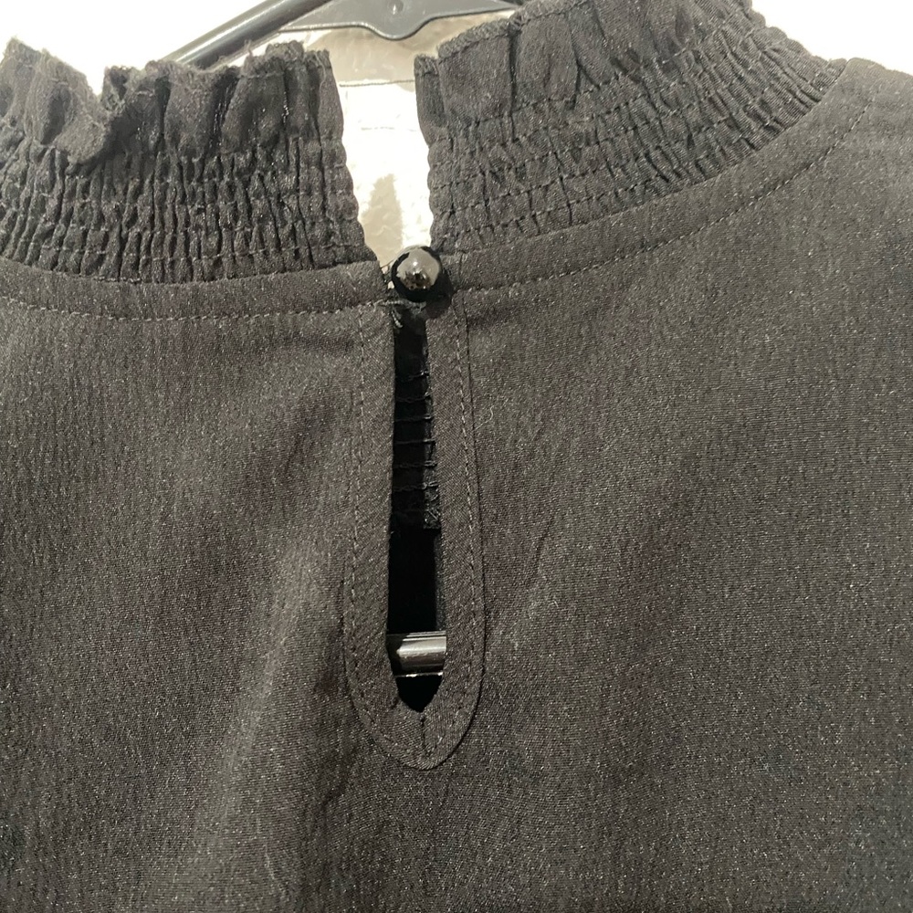 Black Smocked Ruffle Blouse Lightweight Long Sleeve Top High Neck Flowy - Picture 8 of 8